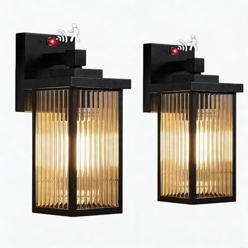 Image of 2 Pack Outdoor Motion Sensor Lights, Dusk to Dawn Outdoor Wall Light Fixtures, Waterproof Exterior Lighting for Front Porch, Garage, Entryway, Yard, House (Black)