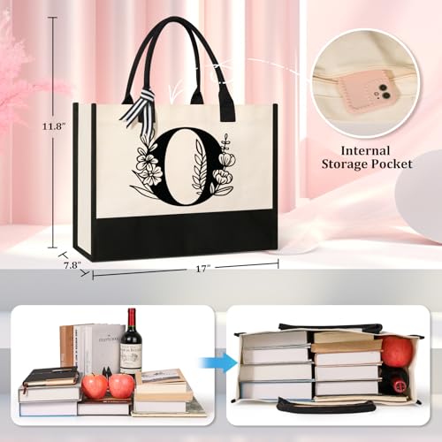 Image of Tecanne Personalized Initial Canvas Tote Bag, Suitable for Birthday, Wedding, Beach, Holiday, Gifts for Women, Mom, Teachers, Nurses, Best Friends, Bridesmaids (O)