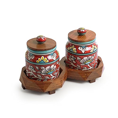 Image of ExclusiveLane 'Mughal Floral' Ceramic Containers with Lid & Tray (Airtight, Set of 2, 440 ML) | Multi Utility Kitchen Container Set Ceramic Jars with Wooden Lid & Container for Kitchen Storage Set