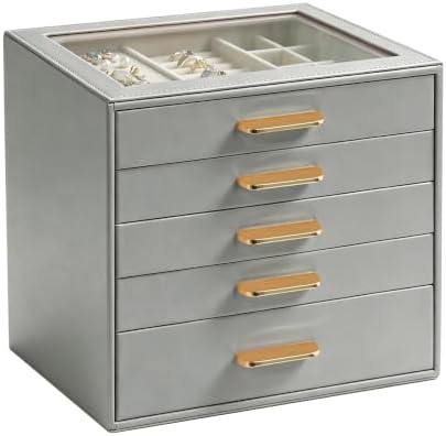 Homeanda Schmuckkästchen mit 5 Schubladen, Schmuckaufbewahrung,Grau | Schmuckkasten mit Samtfutter für Ringe, Ohrringe, Halsketten, Armbänder und Uhren, Geschenk für Frauen und Mäd