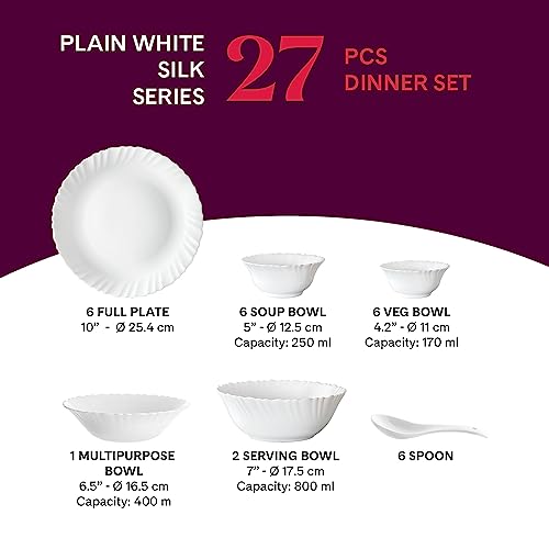 Image of Larah by Borosil Silk Series Opalware Dinner Set | for Family of 6 | Microwave & Dishwasher Safe | Bone-Ash Free | Crockery Set for Dining & Gifting | Plates & Bowls | White (27 PCS)