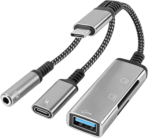 Image of 4-in-1 USB C to 3.5mm Headphone Audio Adapter with 60W PD Fast Charging, USB OTG Dongle & TF /SD Card Reader, Hi-Res DAC Splitter Compatible with 1Phone15 /16, 1PadPro, Mac Book, Gal.axy S23 (3 in 1)