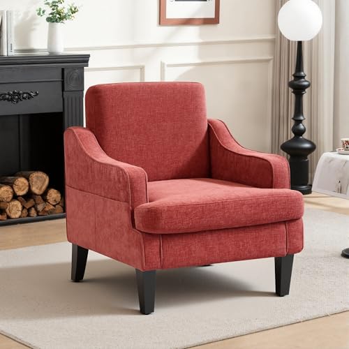 Image of Accent Chair for Living Room,Mid-Century Arm Chair Chenille Fabric Living Room Chairs,Upholstered Reading Chair for Bedroom,Single Sofa Chair with Wood Legs for Apartment (Orange)