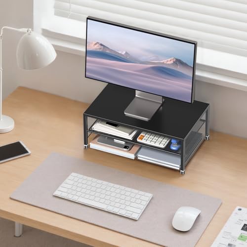 Image of ECOLOVI 2-Tier Computer Monitor Stand Riser, Printer & Laptop Stand, Office Desk Accessories, Workspace Desk Organizer for Home Office Supplies, Black 2-Pack