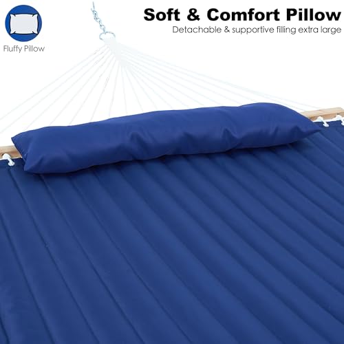 Image of GAFETE Hammock 2 Person Quilted Fabric Hammocks for Outside, Double 12ft Hammocks with Spreader Bar, Large Removable Pillow, Storage Bag, Carabiners, Max 475 lbs Capacity (Dark Navy)