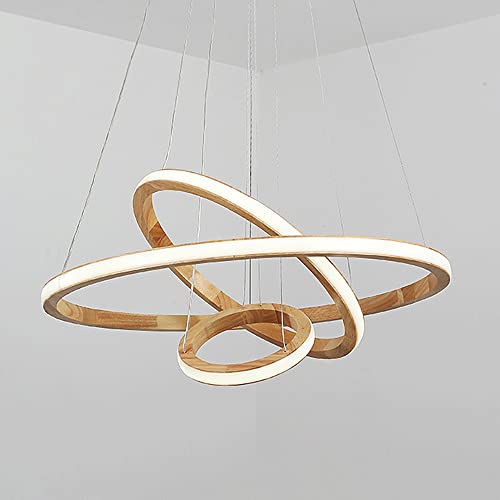 Lampes à suspension pour salle à manger en bois, lustre anneaux réglables LED