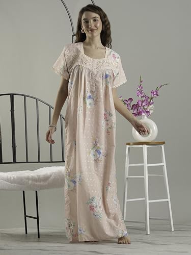 Image of 9shines Label Stylish Chikankari Cotton Nighty Maxi for Women | Full Length Nightgown | Nightdress with Pocket | Embroidery Nighty | Soft Comfortable Cotton Nightwear (1545)