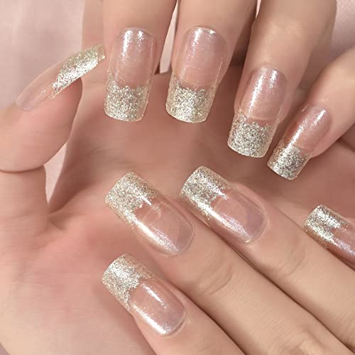 Gold Glitter Tips See-Through Medium Square Press On Nails, Glossy Transparent Shimmer Nails Art, Women Girls Gift, Nails Sticker, Acryl Artificial Nails, Date Daily Faux Ongles 24 pcs/kit Cover