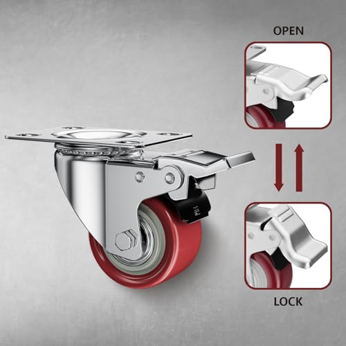 Image of 2 Inch Caster Wheels, Casters Set of 4, ASHGOOB Red Polyurethane (PU) Casters with Brake Heavy Duty, Industrial Locking Swivel Top Plate Castor Wheels for Workbench /Furniture /Cart