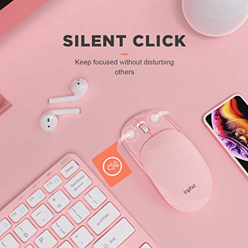 Inphic Mouse wireless ricaricabile,mouse scorrevole unico,mouse cordless sottile carino, pulsante mute Mini mouse da viaggio 2.4G con ricevitore USB per PC laptop Mac MacBook,notebook desktop (Rosa)