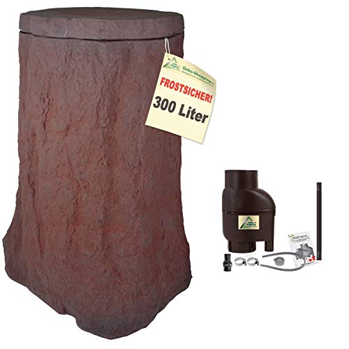Regentonne, Regentonnen, Regenspeicher, Regenbehälter, Baum 300l braun mit Fallrohrfilter T33 braun FROSTSICHERES Regenfass Wassertonne mit Deckel und Wasserhahn DAS ORIGINAL! Cover