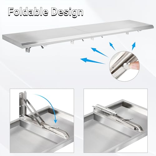 Image of Folding Concession Stand Shelf 18 inch x 96 inch Spliced Style for Kitchen | Stainless Steel Drop Down Serving Food Shelf, Easy to Clean & Space-Saving Concession Shelves for Garage, Food Cart