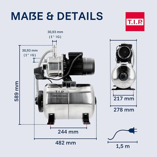 T.I.P. Hauswasserwerk HWW 4500 INOX aus Edelstahl mit 1200 W Leistung I 4350 l/h Fördermenge bis 50 m Höhe I 5 bar Druck mit Manometer I 22 L Kessel I robust, korrosionsfrei, sicher mit Überlastschutz