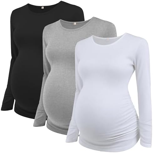 Love2Mi 3er Pack Umstandsshirt Damen Langarm für Schwangerschaft | Weiches Stretchmaterial, Seitliche Raffungen, Klassischer Schnitt, Vor & nach der Schwangerschaft, Alltag & Freiz