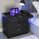 Night Stand with Charger Station and LED Lights,3 Drawers Nightstands with Sliding Top,Modern Bedside Table with Storage,Wooden End Table for Multiple Scenarios (Black)