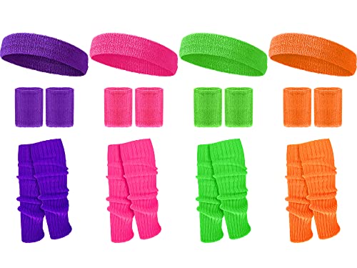 Haysandy 4 Sets 80s 90s Leg Warmers Set for Women Costume Neon Headband Rainbow Wristbands for Sport Yoga Workout Clothes(Bright Color)