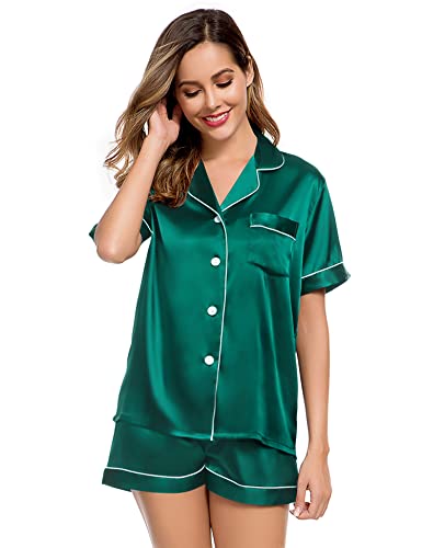Image of LecGee Womens Silk Satin Pajamas Short Sleeve Loungewear Two-Piece Sleepwear Button-Down Pj Set