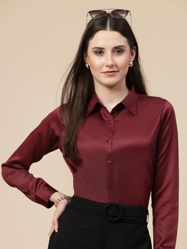 Image of Style Quotient Women Olive Satin Regular Formal Shirt