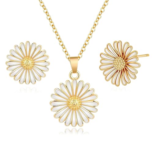 EVEVIC Daisy Necklace and Stud Earrings Set for Women 18K Gold Plated