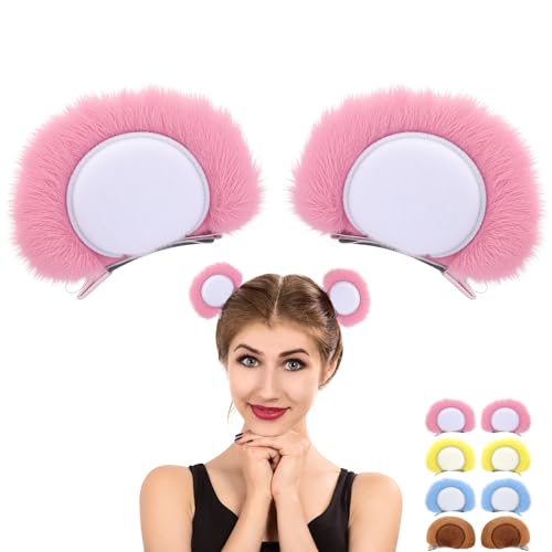 Luinabio 1pair Cute Bear Ears Hair Clips for Halloween Cospaly Party Soft Fuzzy Bear Costume Animal Ears Hairpins(Pink)