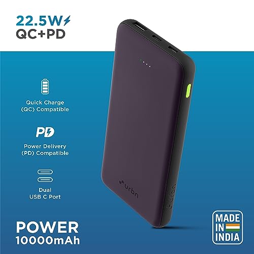 Image of URBN Power Bank 10,000mAh - Ultra Slim, 22.5W Two Way Fast Charging, Triple Output, Dual Type C PD, 12 Layers Circuit Protection, BIS Certified, 6 Months Warranty with Free Type C Cable (Purple)