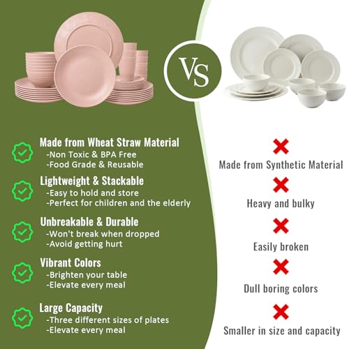 Image of Wheat Straw Dinnerware Sets for 8, 40 Piece Unbreakable Dinnerware Set, Plates and Bowls Sets, Kitchen Plates and Bowls Set, Lightweight Dish Set for Travel Camping Party Outdoor Use - Muted Pink