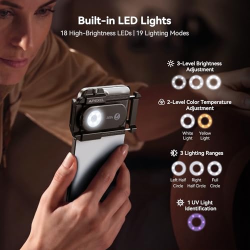 Image of APEXEL Phone Microscope Lens, PhoneMicro 5 Series 200X Phone Micro Lens for Android /iPhone With LED Light /CPL /Universal Clip, Mini Pocket Microscope, Smartphone Camera Attachment for iPhone & Android.