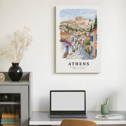 Peinture paysage urbain panoramique Athènes poster vintage