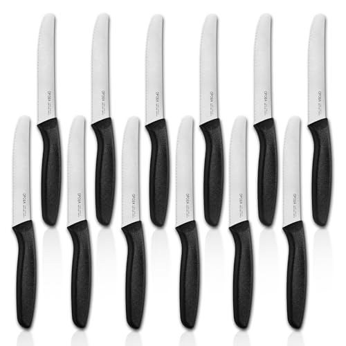 OPOLIA Frühstücksmesser Wellenschliff 12 Stück,Premium Edelstahl Tafelmesser, Tomatenmesser Scharf,Buttermesser,Brötchenmesser,Stabiler Kunststoffgriff,Spülmaschinenfest