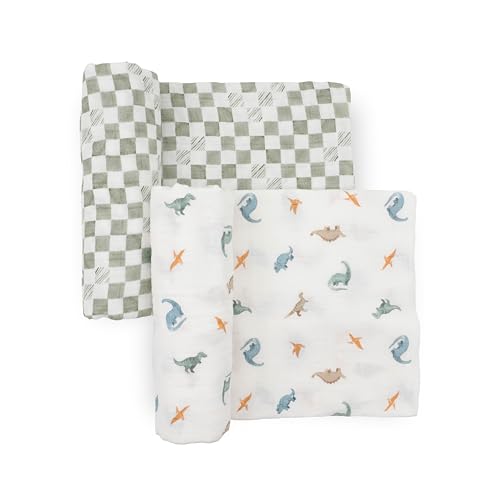 Image of Little Unicorn 100% Certified Natural Organic Cotton Muslin Swaddle Blanket 2 Pack | Giftable Set of 2 swaddles (Little Dino)