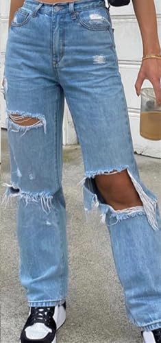 Women‘s Baggy Jeans Ripped Hole Denim Pants Streetwear High Waist Pocket Straight Trousers Loose Jeans4