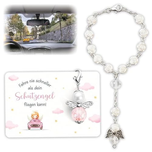 PjuQow Auto Spiegel Anhänger Schutzengel mit Rosenkranz, Glücksbringer Auto Innenraum Zubehör für Frauen, Tolles Geschenk zum Führerschein Bestanden & Neuen Wagen Empfangen
