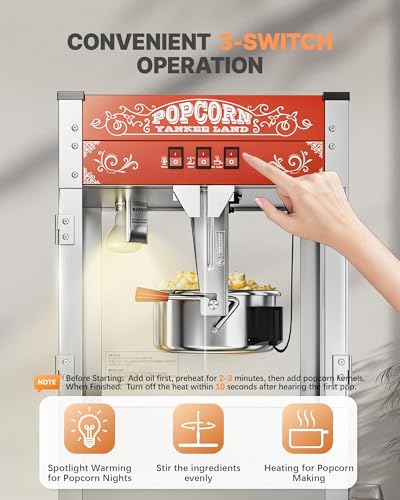 Image of 16 Oz Commercial Popcorn Machine, Movie Theater Popcorn Machine, Red Tabletop Pop Corn Machine with 3-Switch Control & Steel Frame Tempered Glass Doors