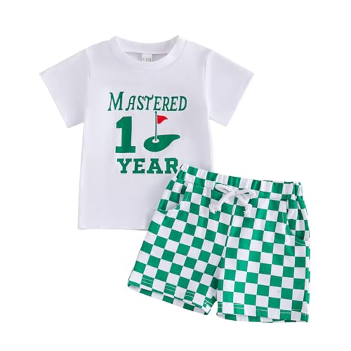 Xnqiwq Baby Boy First Birthday Golf Outfit Mastered 1 Year/Hole In One Golf T-Shirt and Plaid Shorts Set 2Pcs Summer Clothes (White A 6-12 Months)