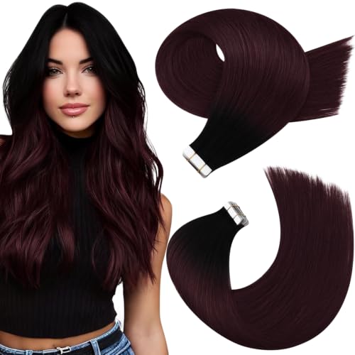 Moresoo Wine Red Tape in Hair Extensions Human Hair Ombre 16 inch 20Pcs 50g