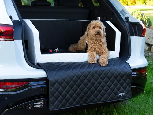 Hundebox Auto Kofferraumschutz Hund mit ladekantenschutz Kofferraum【Mit Tasche】 Kofferraum schutzmatte herausnehmbar - Hunde Autositz Wasserabweisend, hundetransportbox 90x55x38cm Weiß/Schwarz