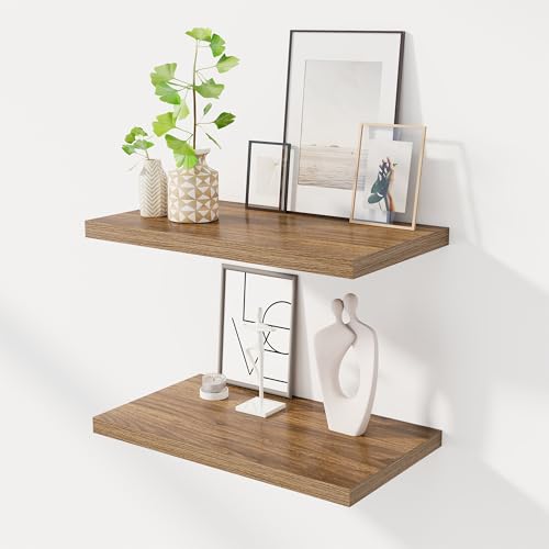 Image of Dreamland 24 inch Floating Shelves for Wall, 12 inch Deep Slim Walnut Floating Shelves, Wall-Mounted Shelves for Bedroom, Living Room, Kitchen, Bathroom - Set of 2
