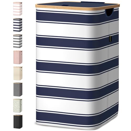 BALEINE Laundry Hamper with Lid, Tall Laundry Baskets with Bamboo Pull Handles, Large Laundry Bin with Internal Support (26 Gal/100L, Blue Stripe) 100 liters Blue Stripe
