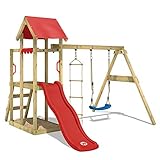WICKEY Spielturm Klettergerüst TinyPlace mit Schaukel & roter Rutsche, Outdoor Kinder Kletterturm mit Sandkasten, Leiter & Spiel-Zubehör für den Garten