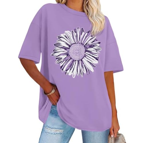 Womens Oversized Tshirt Graphic Tees Crew Neck Summer Short Sleeve Loose Fit Tops, Purple Sunflower, S