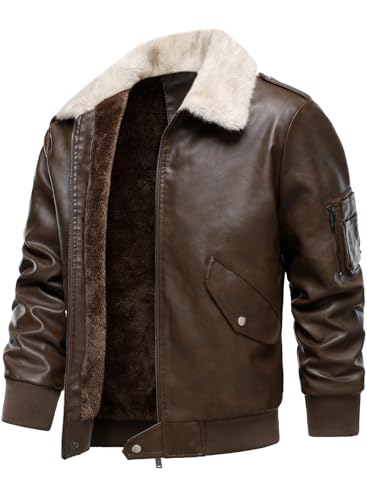HOOD CREW Men’s Faux Leather Aviator Bomber Jacket with Fur Collar Warm Fleece Lined Biker Jackets Vintage Winter Coats4
