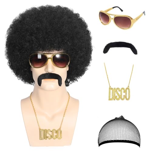 ELETAMQ Afro Wig Men 5pcs Set (Wig+ Glasses+ Disco Necklace+ Mustache+ Wig Cap) 70s Mens Costume Disco Wigs Natural Fluffy Short Curly Black Synthetic Hair for Halloween Chrismas Cosplay PartyUse