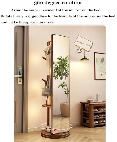 Solid Wood Full Length Mirror, 360° Rotating Coat Rack, Floor Mirror with Storage Shelves & Hanger, HD Anti-Distortion Glass, Ideal for Bedroom & Cloakroom Decor