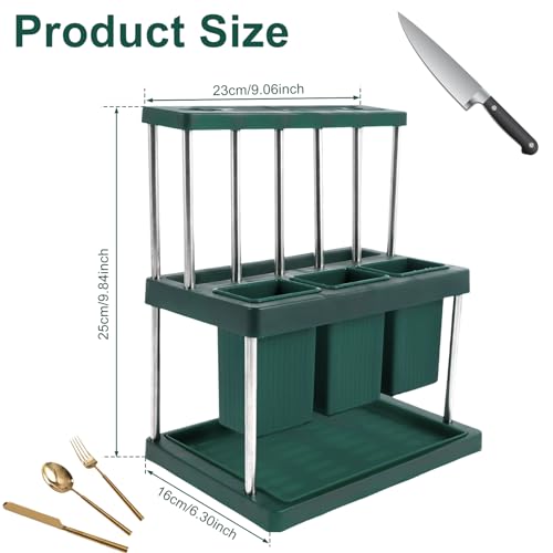 YLMFTNU Knife Block Holder Drainer Rack, Spoon Chopsticks Fork Drain Rack Flatware Organizer, Kitchen Knife Holder Cutlery Storage Rack for Kitchen Sink Countertop (Green Silver)