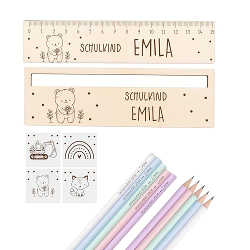 KIDSMOOD -Personalisiertes Schulanfangs-Set aus Lineal, Lesehilfe und Bleistifte, Geschenk zur Einschulung Mädchen und Jungen, Praktische Füllung für Schultüte Inhalt, Schulbedarf für Schulanfang