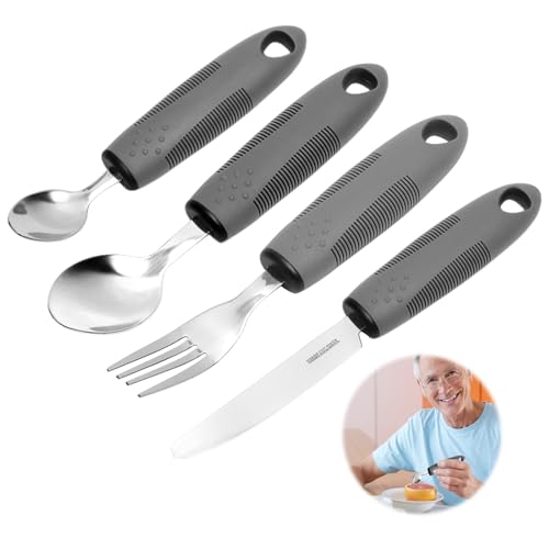 Senioren Besteck für Behinderte 4-teilig – Ergonomisches Parkinson Besteck mit Griffverdickung, rutschfestes Seniorenbesteck aus Edelstahl,...