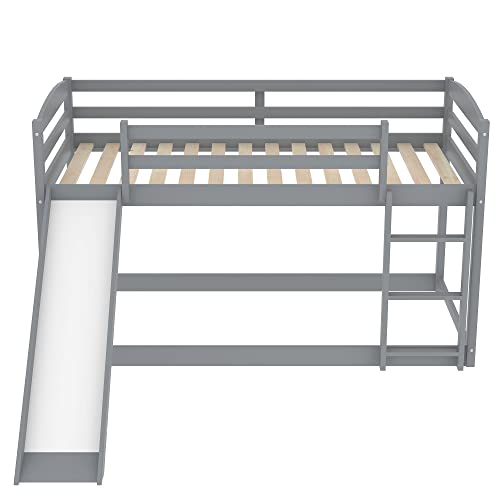 Glorhome Twin-Over-Twin Low Bunk Bed With Slide Ladder & Guardrail For Kids, Teens, Space-Saving, No Box Spring Needed, Grey #TOP5