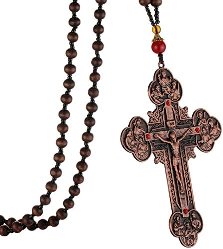 COTTVOTT Wood Rosary Beads Jesus Crucifix Necklace for Men Large Twelve Apostles Holy Trinity Cross Pendant Necklace Prayer Rosary