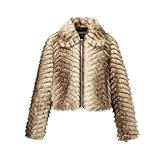 GRAN ORIENTE Women Faux Fur Leopard Print Cropped Jacket,Fleece Fluffy Leather Lined Zip Up Coat GK084A-Khaki-M