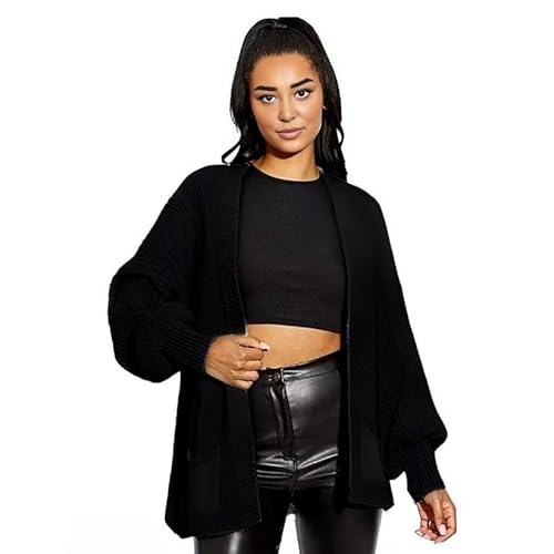 HUBIBUBI Women's Open Front Chunky Two Pockets Long Sleeve Cable Knitted Cardigans Ladies Oversized Balloon Sleeve Short Pockets Knitted Cardigans UK 8 to 18 Black